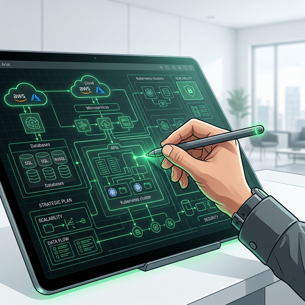 Strategic software architecture diagram showing cloud and container orchestrations in brand green